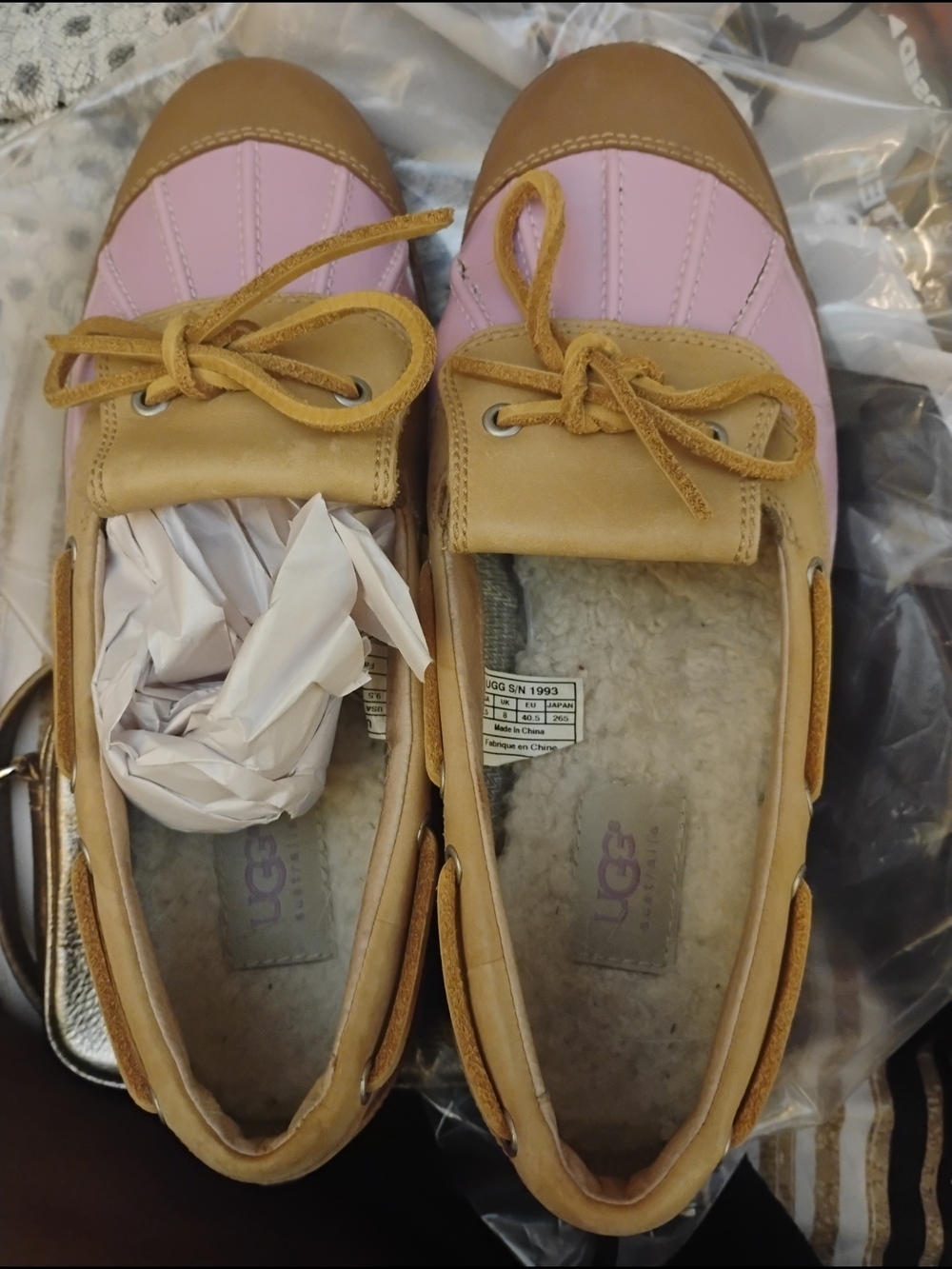 UGG Pink and Chestnut Leather Shearling-Lined Boat Shoes
